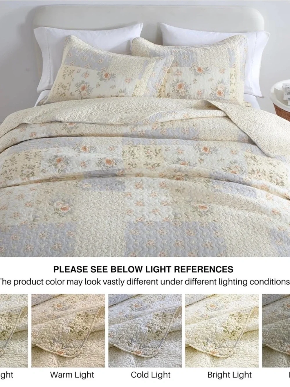 Vintage-Inspired Floral Patchwork Quilt Set in Cream and Light Blue